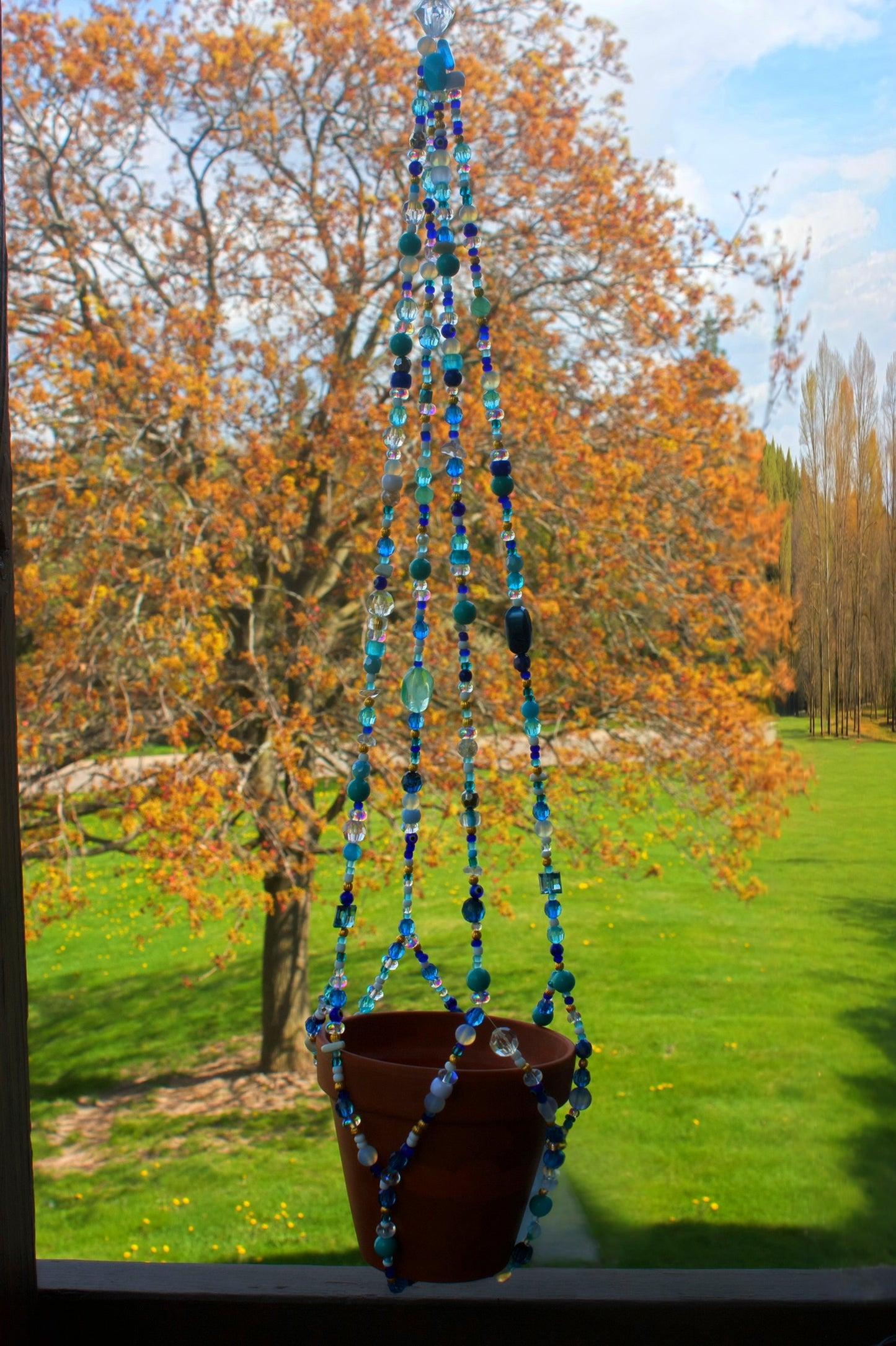 Handmade Beaded Plant Hanger – Ocean Blues/evil eye