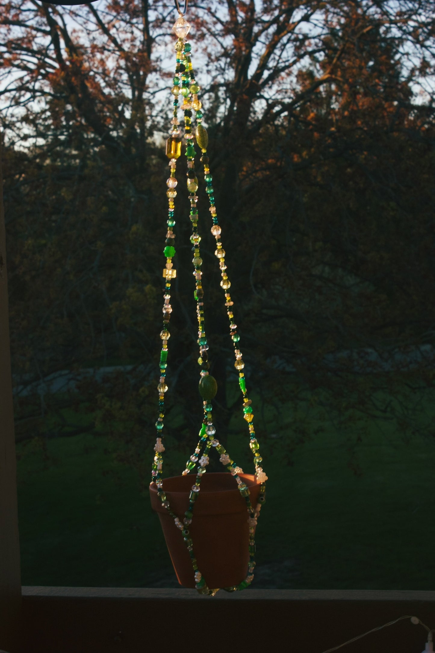 Handmade Beaded Plant Hanger – Boho Green