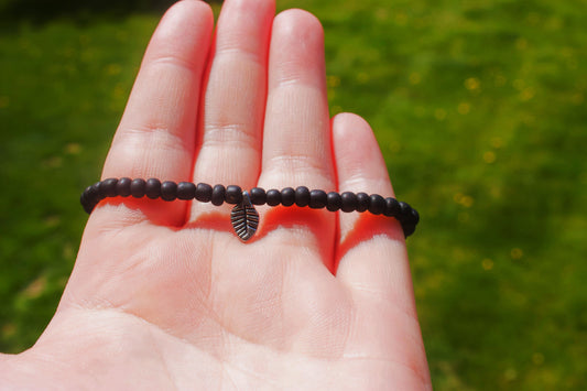 Handmade Black Beaded Bracelet with Silver Leaf Centerpiece