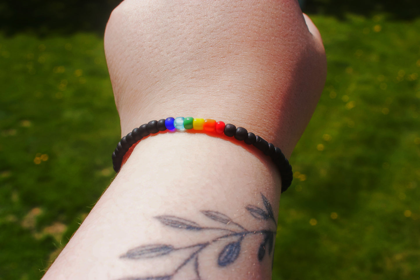 Handmade Pride Bracelet – Matte Black with Rainbow Glass Beads