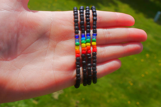 Handmade Pride Bracelet – Matte Black with Rainbow Glass Beads