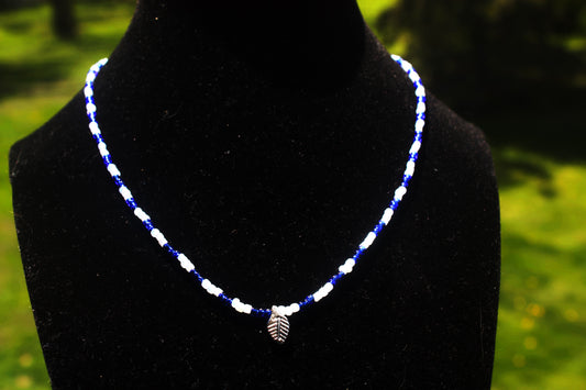 Handmade Blue & White Glass Beaded Necklace with Silver Leaf Centerpiece