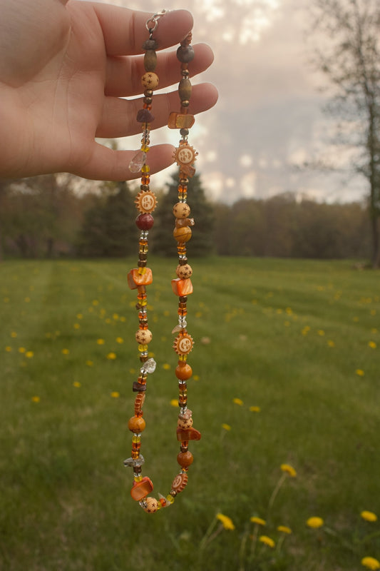 Earthy Mixed-Material Necklace – Handmade with Crystals, Wood, and Glass