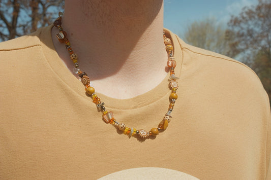 Earthy Mixed-Material Necklace – Handmade with Crystals, Wood, and Glass