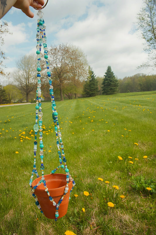 Handmade Beaded Plant Hanger – Ocean Blues/evil eye