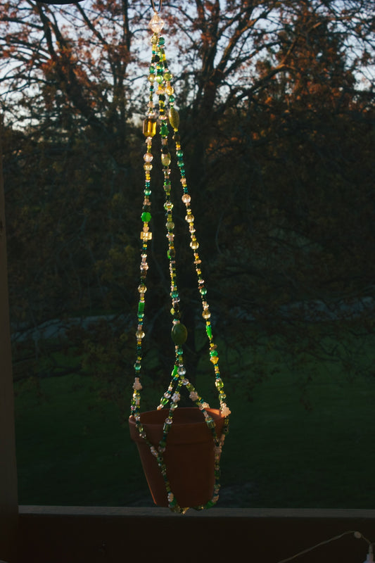 Handmade Beaded Plant Hanger – Boho Green